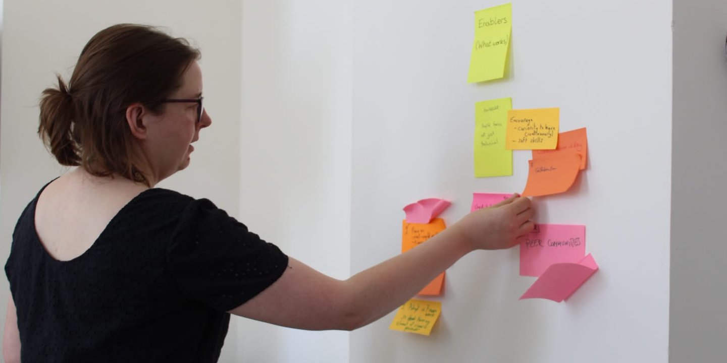 Woman adding post-it notes to the wall