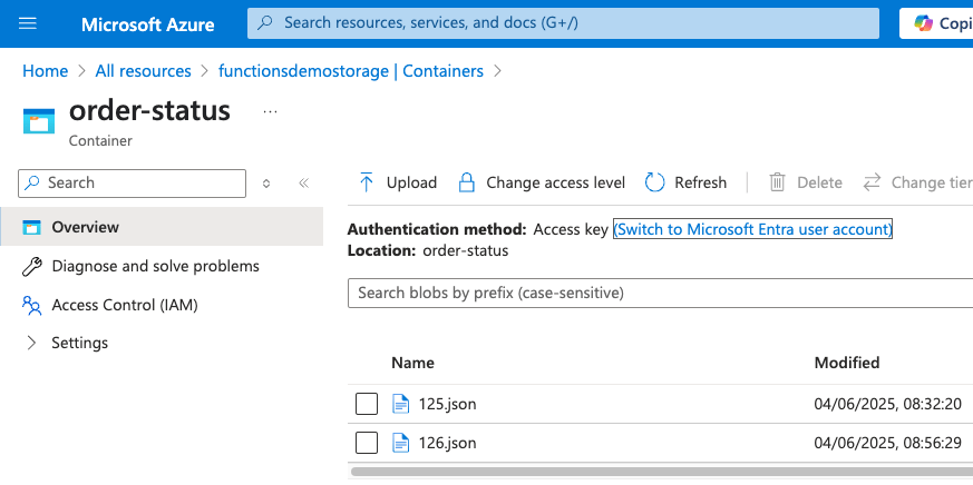 An image showing the function 2 has run correctly because there are new .json files in the blob store.